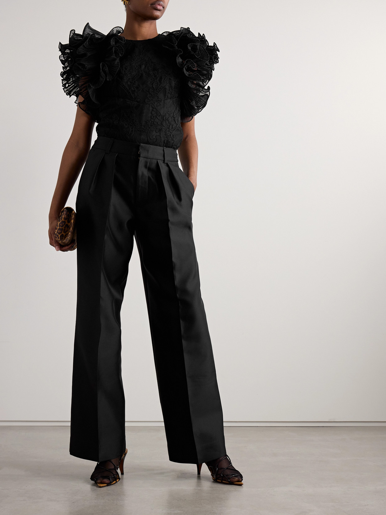 Crush Ruffled Plissé-Tulle And Corded Lace Top