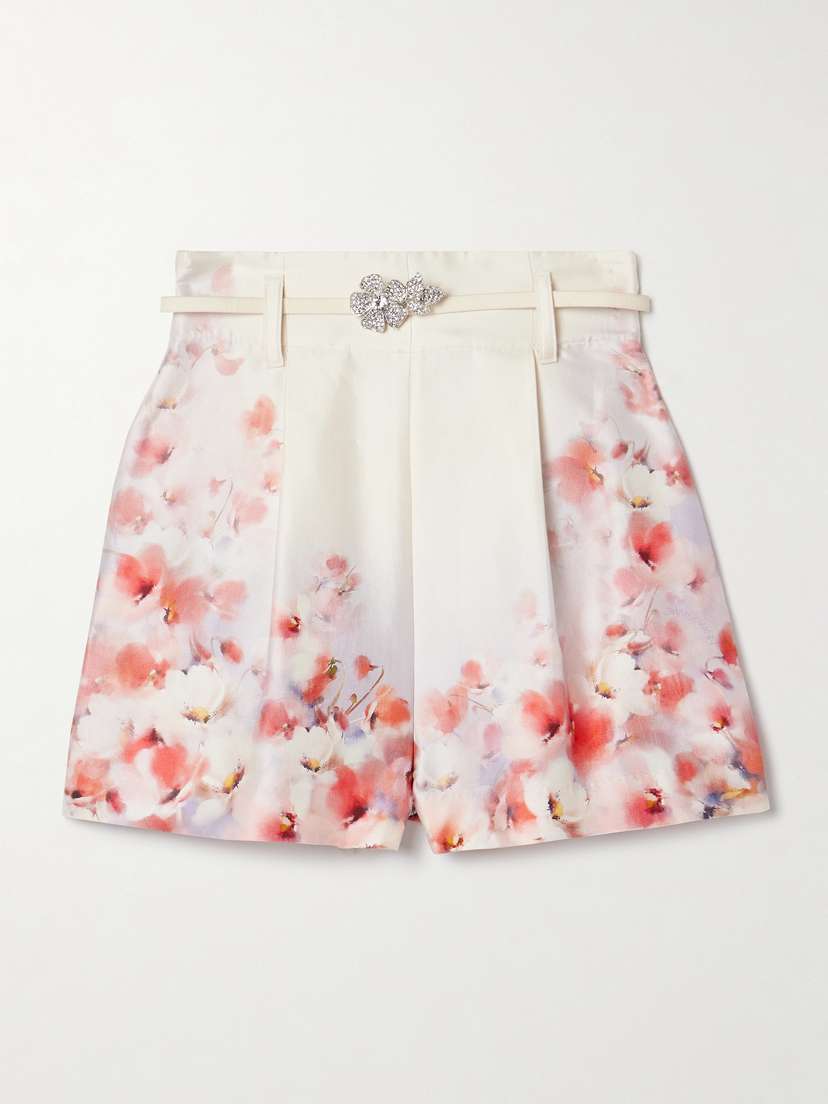 Zimmermann Crush Belted Floral-print Silk And Cotton-blend Twill Shorts