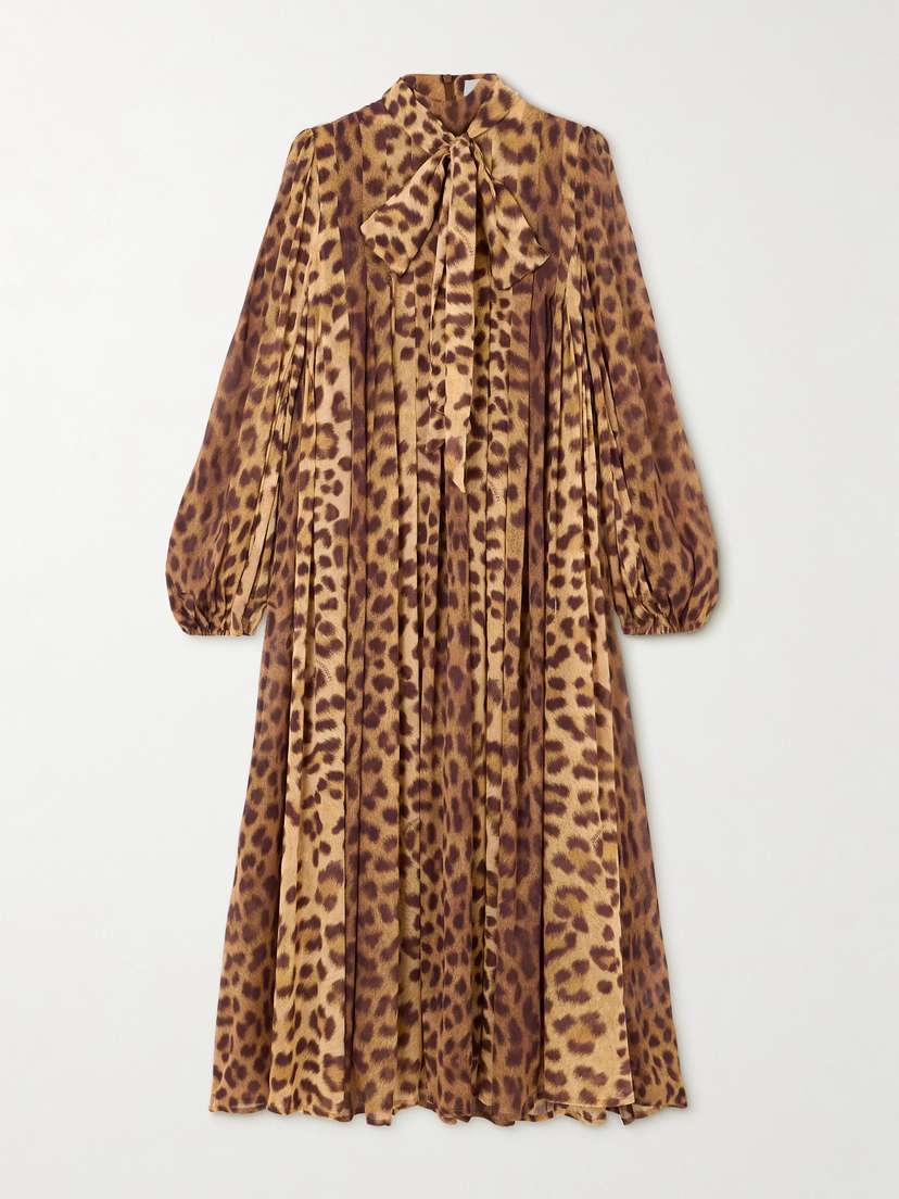 Zimmermann Crush Tie-neck Pleated Leopard-print Crepe De Chine Midi Dress