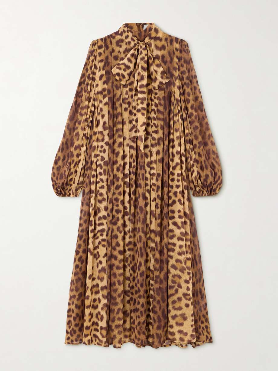 crush tie-neck pleated leopard-print crepe de chine midi dress