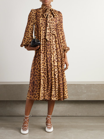 Zimmermann Crush tie-neck pleated leopard-print crepe de chine midi dress