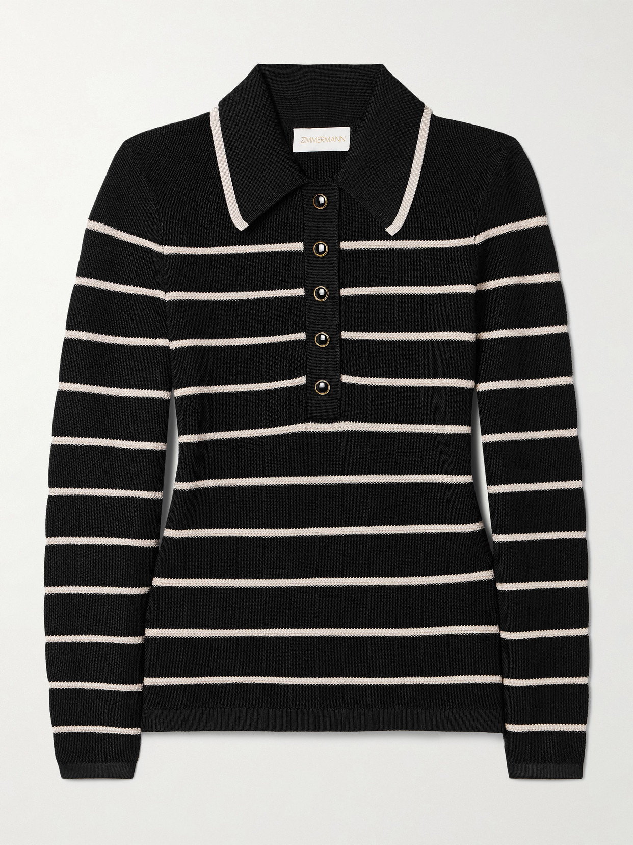 Zimmermann Crush Striped Knit Polo Top In Black