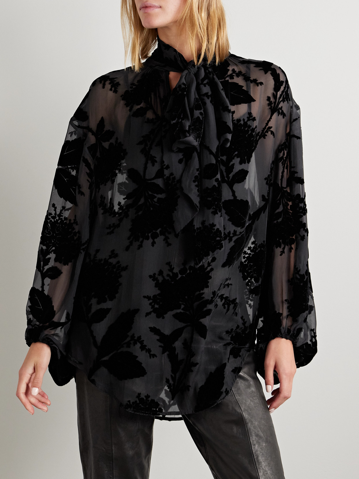Zimmermann Pussy-bow Dévoré-crepe De Chine Blouse In Black