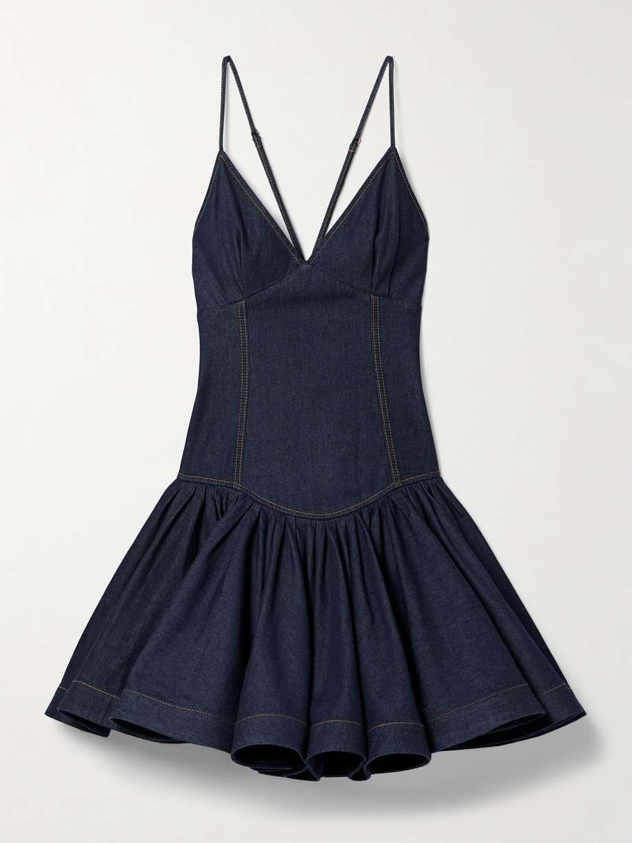 crush gathered denim mini dress