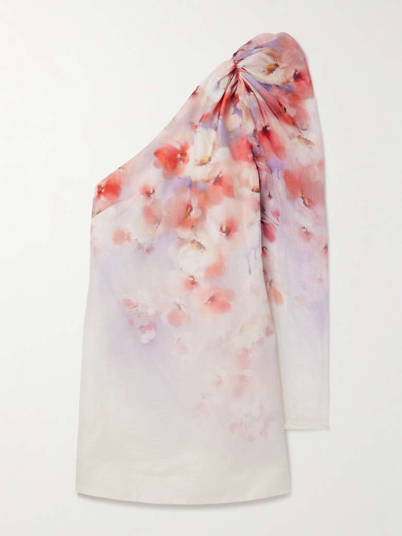 Zimmermann Crush One-sleeve Floral-print Linen And Silk-blend Mini Dress