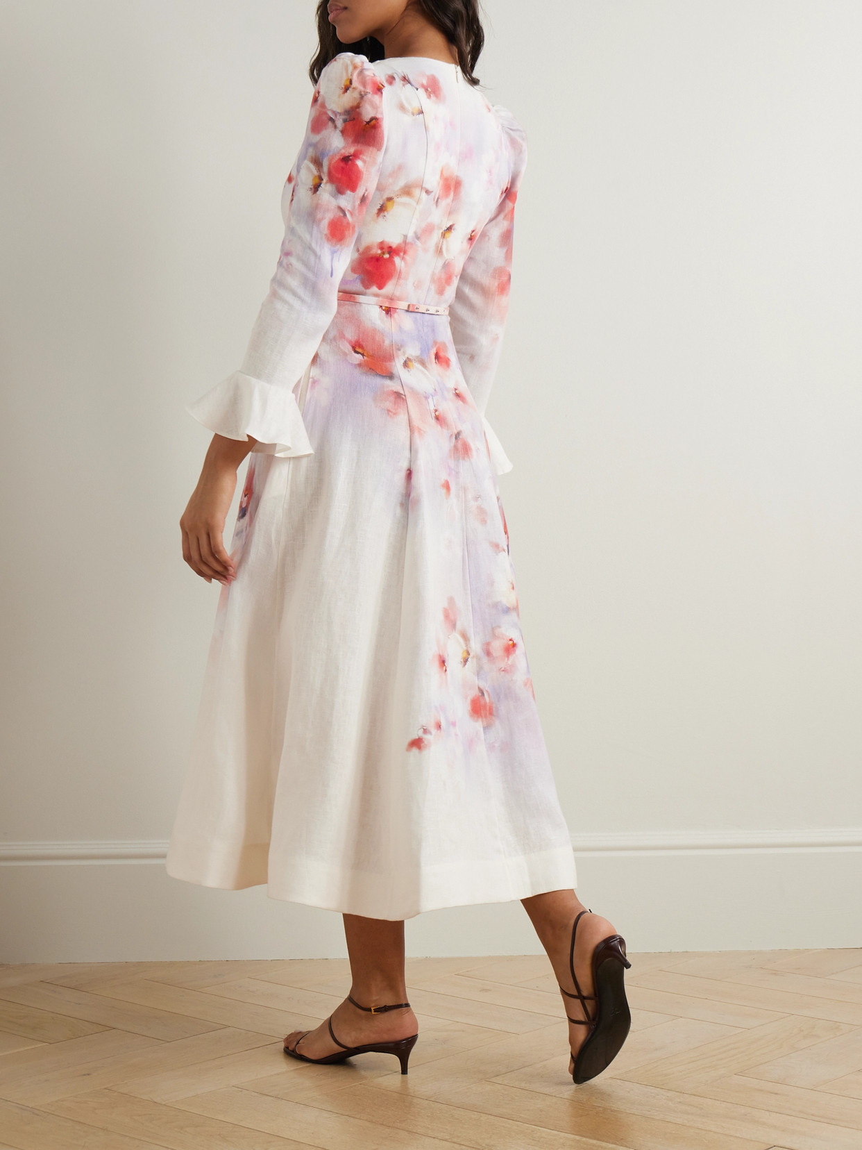 Shop Zimmermann Crush Belted Floral-print Linen Midi Dress In Cream