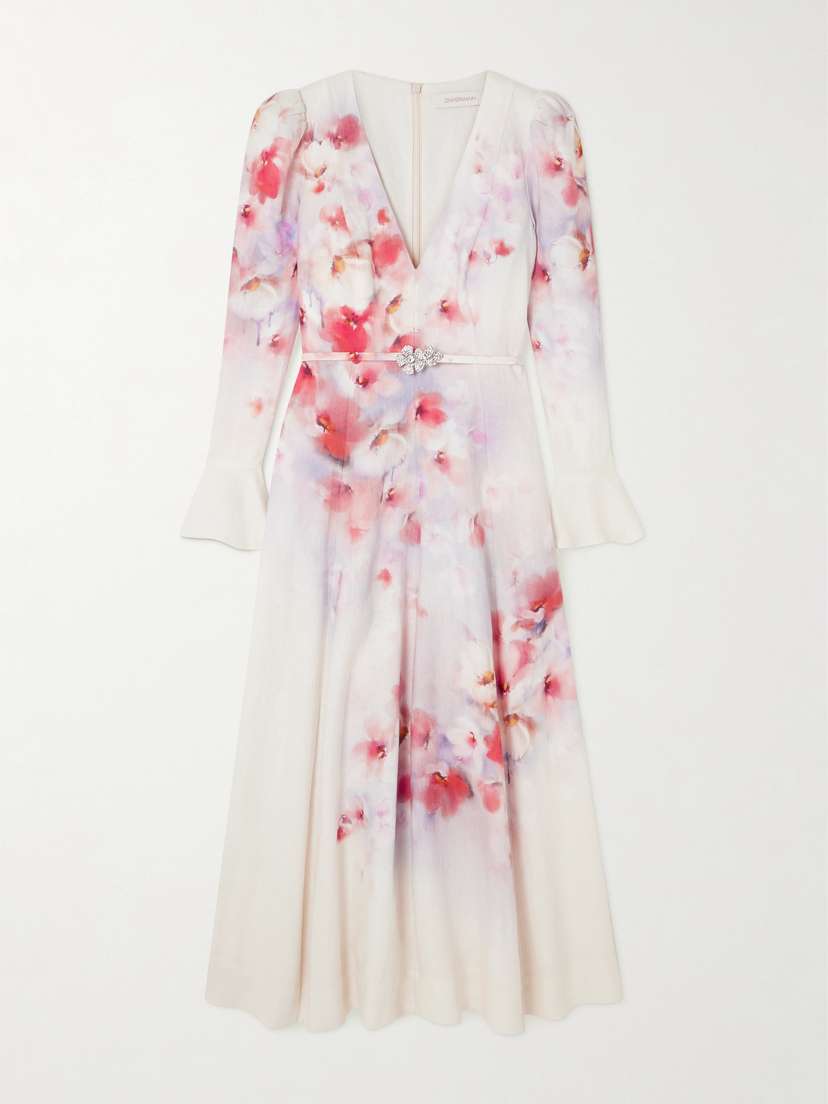 Zimmermann Crush Belted Floral-print Linen Midi Dress