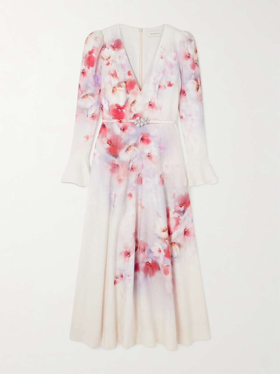 crush belted floral-print linen midi dress