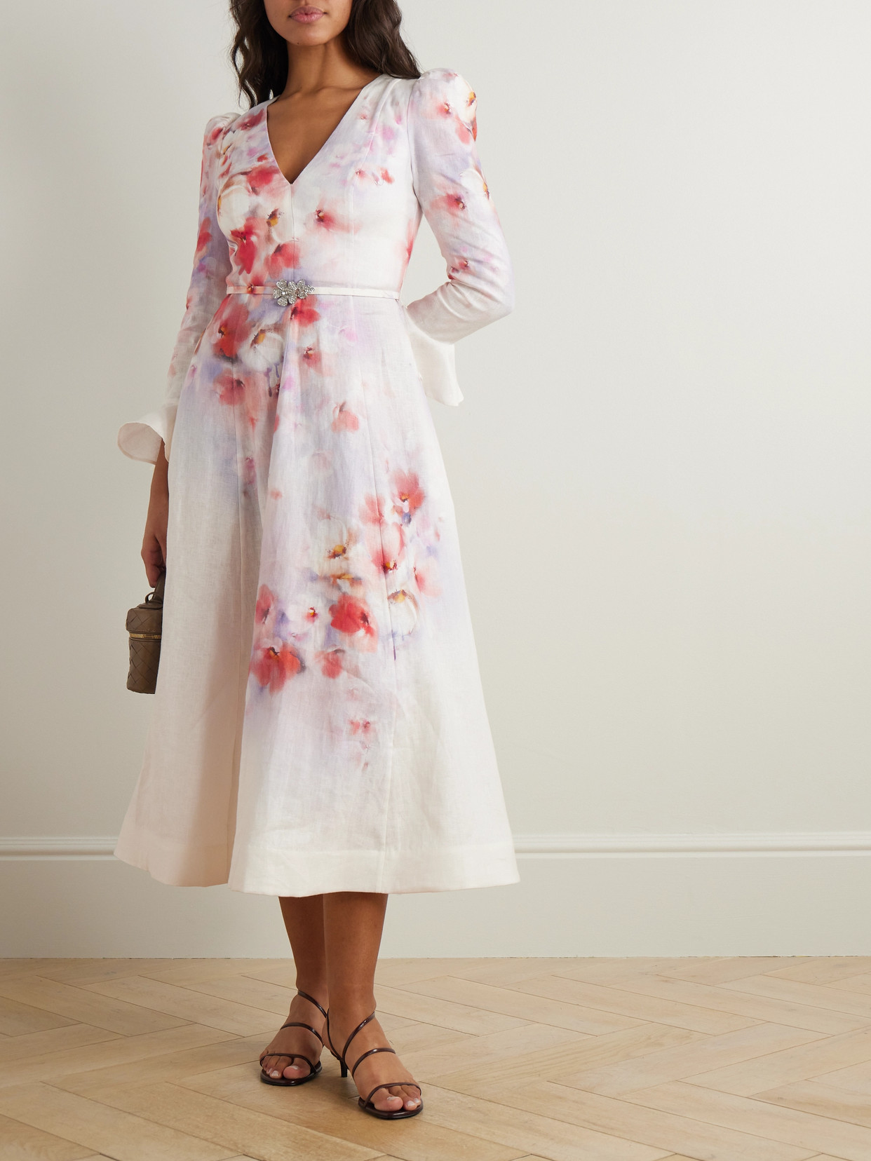 Shop Zimmermann Crush Belted Floral-print Linen Midi Dress In Cream