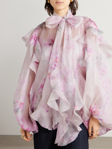 Zimmermann Crush tie-neck ruffled floral-print linen and silk-blend organza blouse