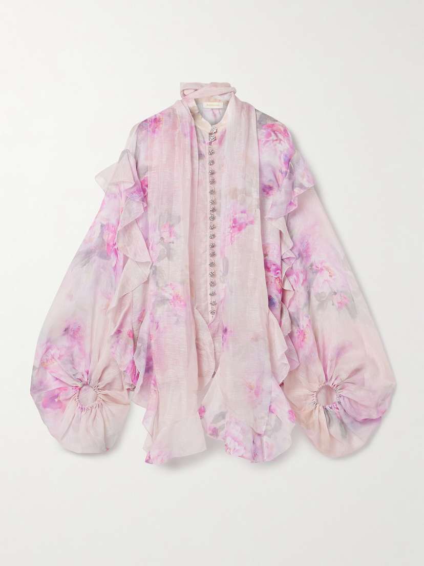 Zimmermann Crush Tie-neck Ruffled Floral-print Linen And Silk-blend Organza Blouse