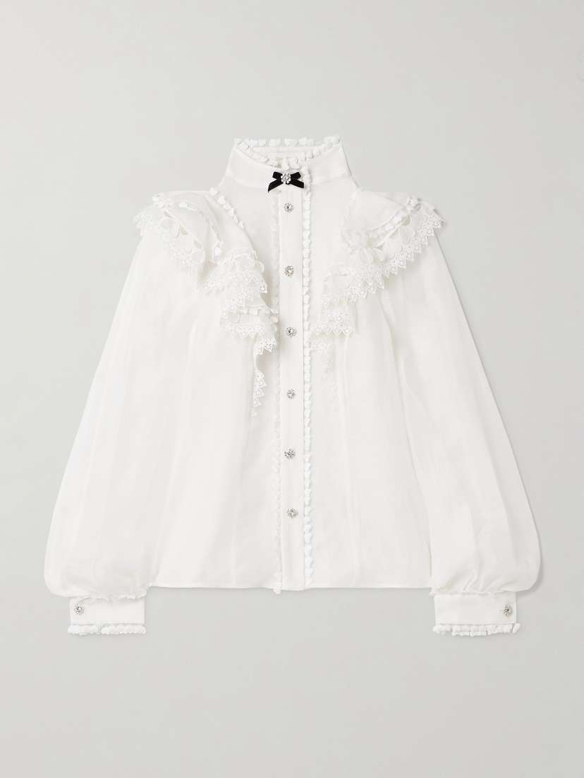 Zimmermann Crush Crystal-embellished Guipure Lace-trimmed Ruffled Linen And Silk-blend Organza Shirt