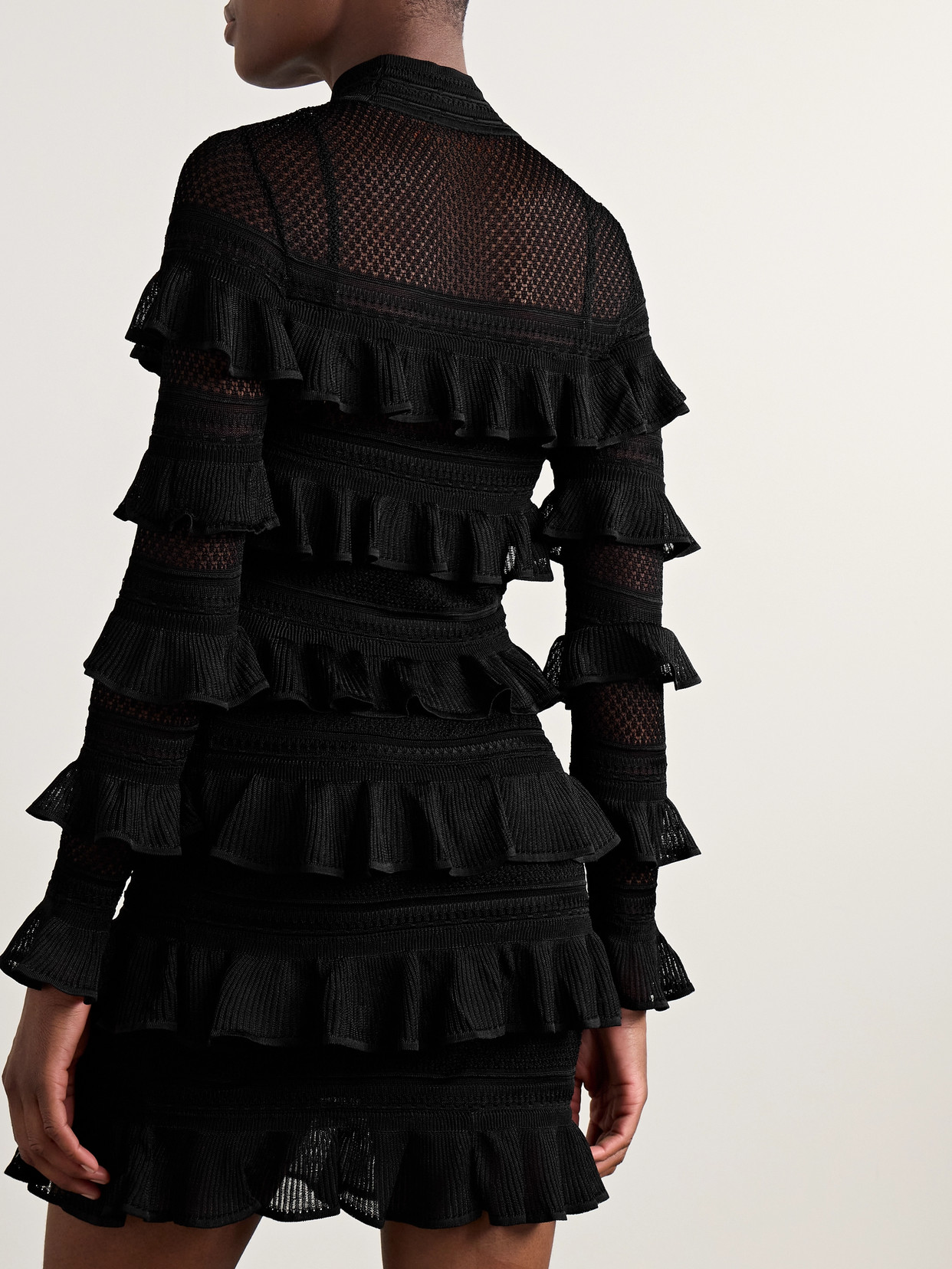Zimmermann Crush Paneled Ruffled Ribbed-knit And Crochet Mini Dress In Black