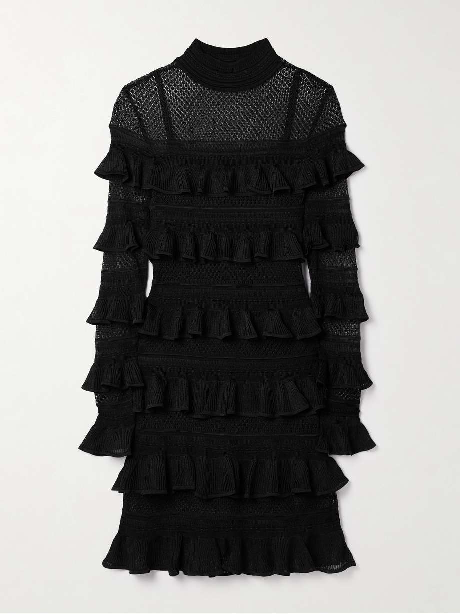crush paneled ruffled ribbed-knit and crochet mini dress