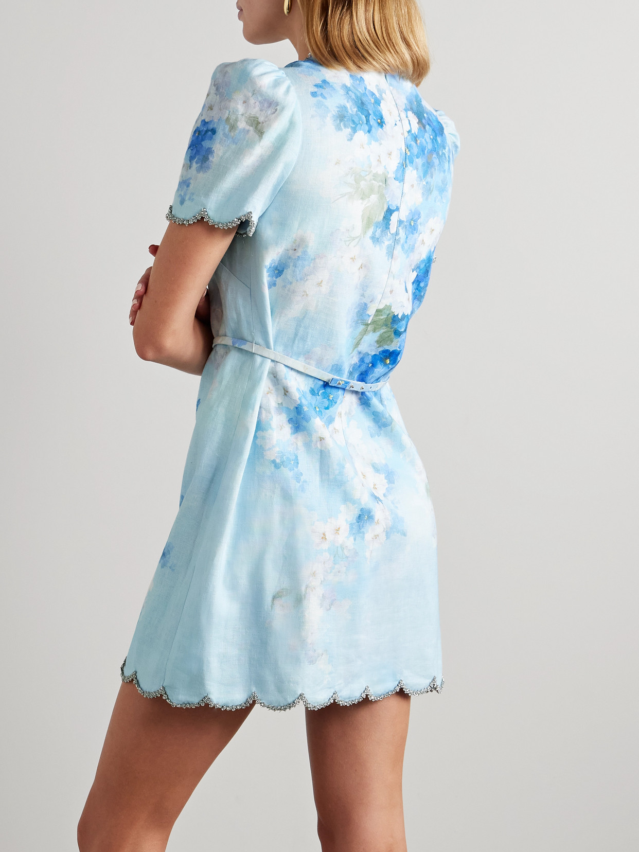 Shop Zimmermann Crush Belted Crystal-embellished Scalloped Floral-print Linen Mini Dress In Blue