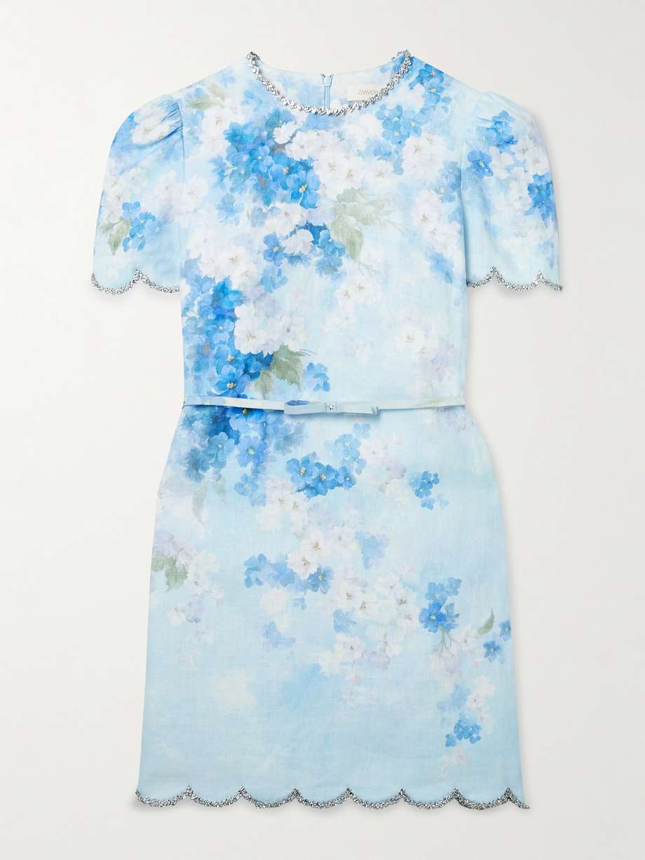 crush belted crystal-embellished scalloped floral-print linen mini dress