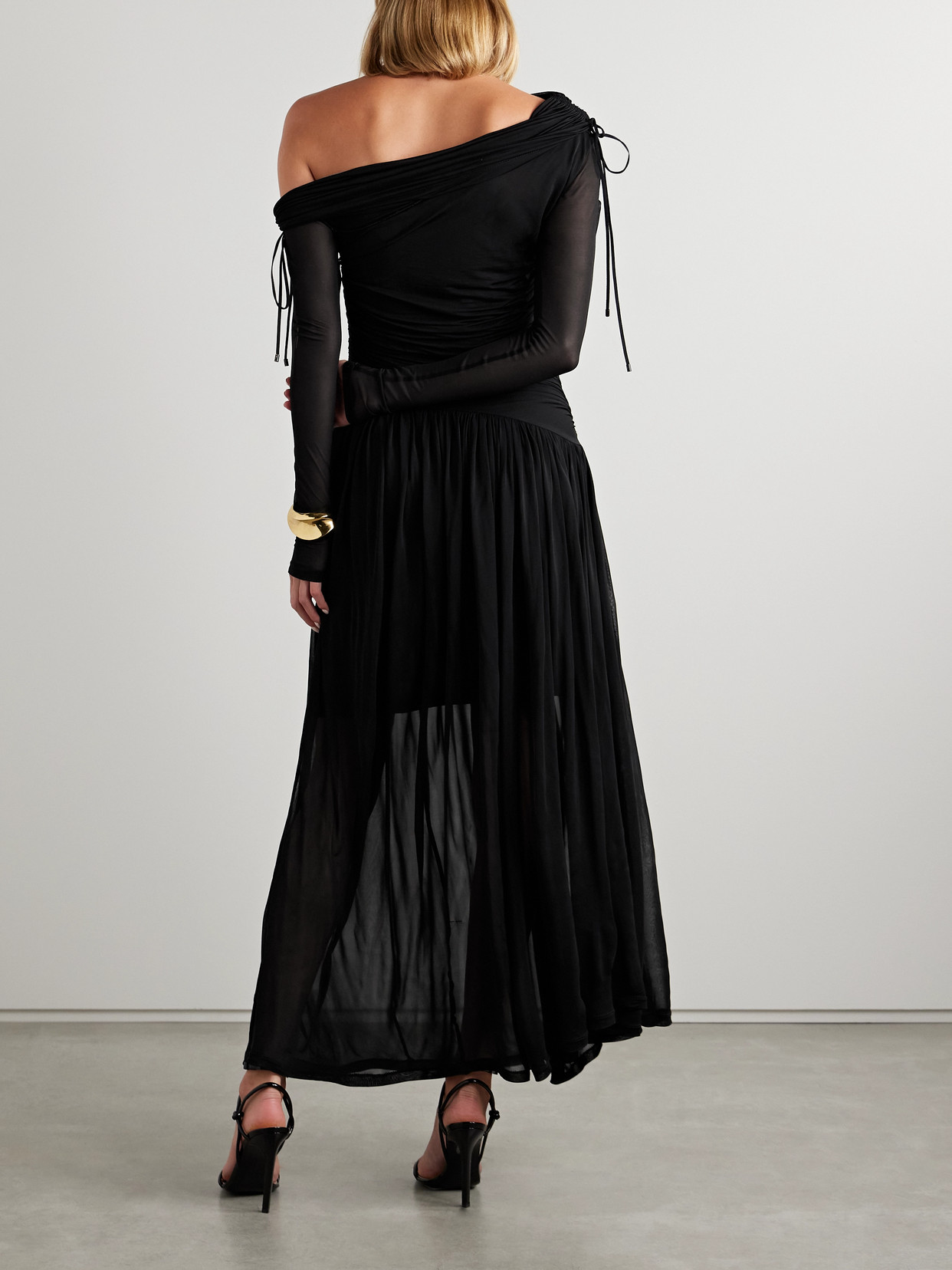Zimmermann Crush Off-the-shoulder Tie-detailed Gathered Stretch-mesh Maxi Dress In Black