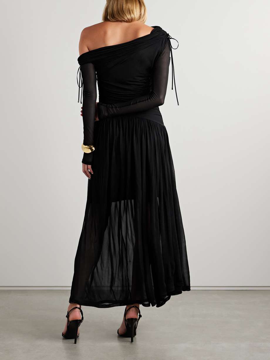 crush off-the-shoulder tie-detailed gathered stretch-mesh maxi dress