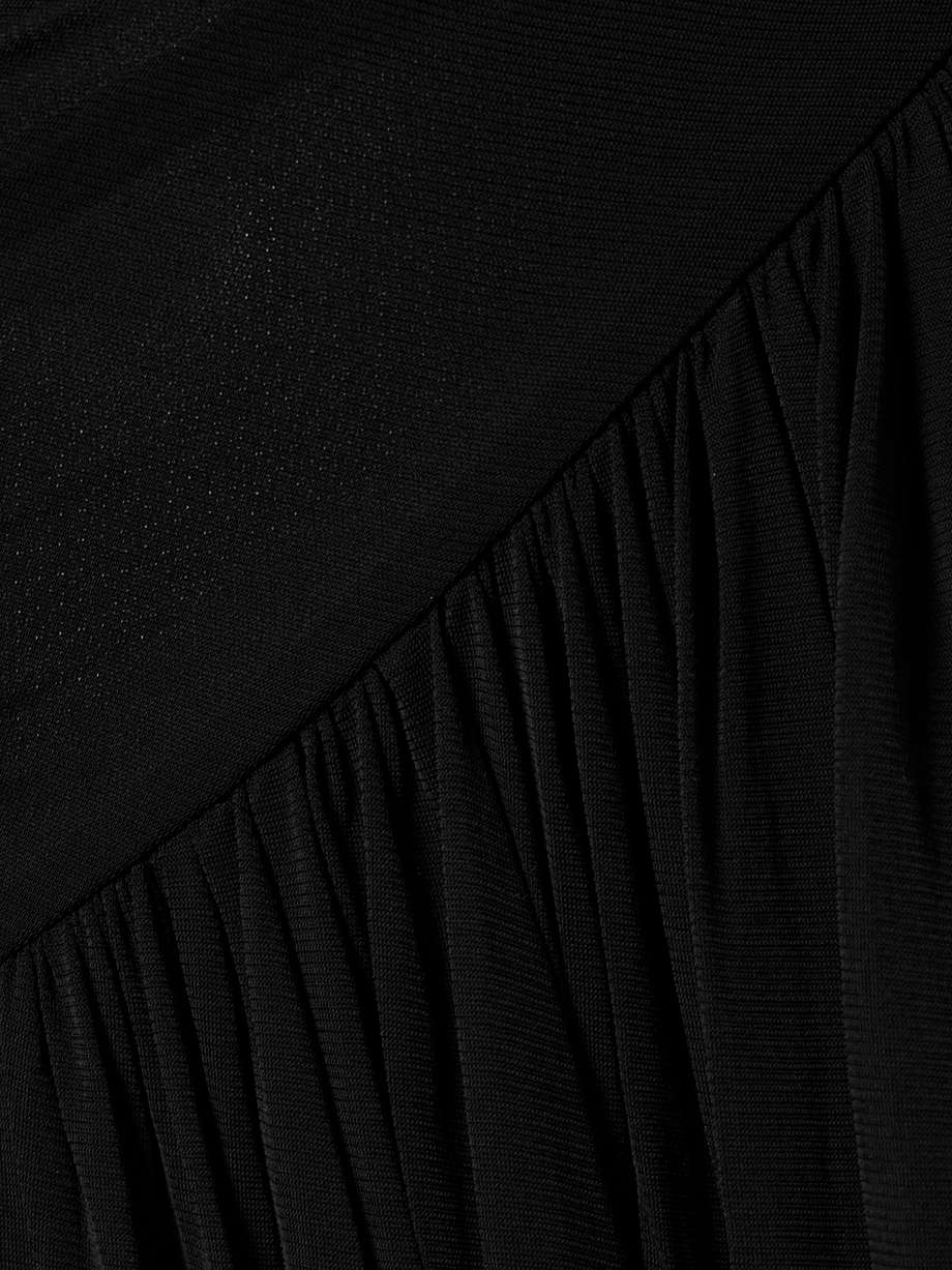 crush off-the-shoulder tie-detailed gathered stretch-mesh maxi dress