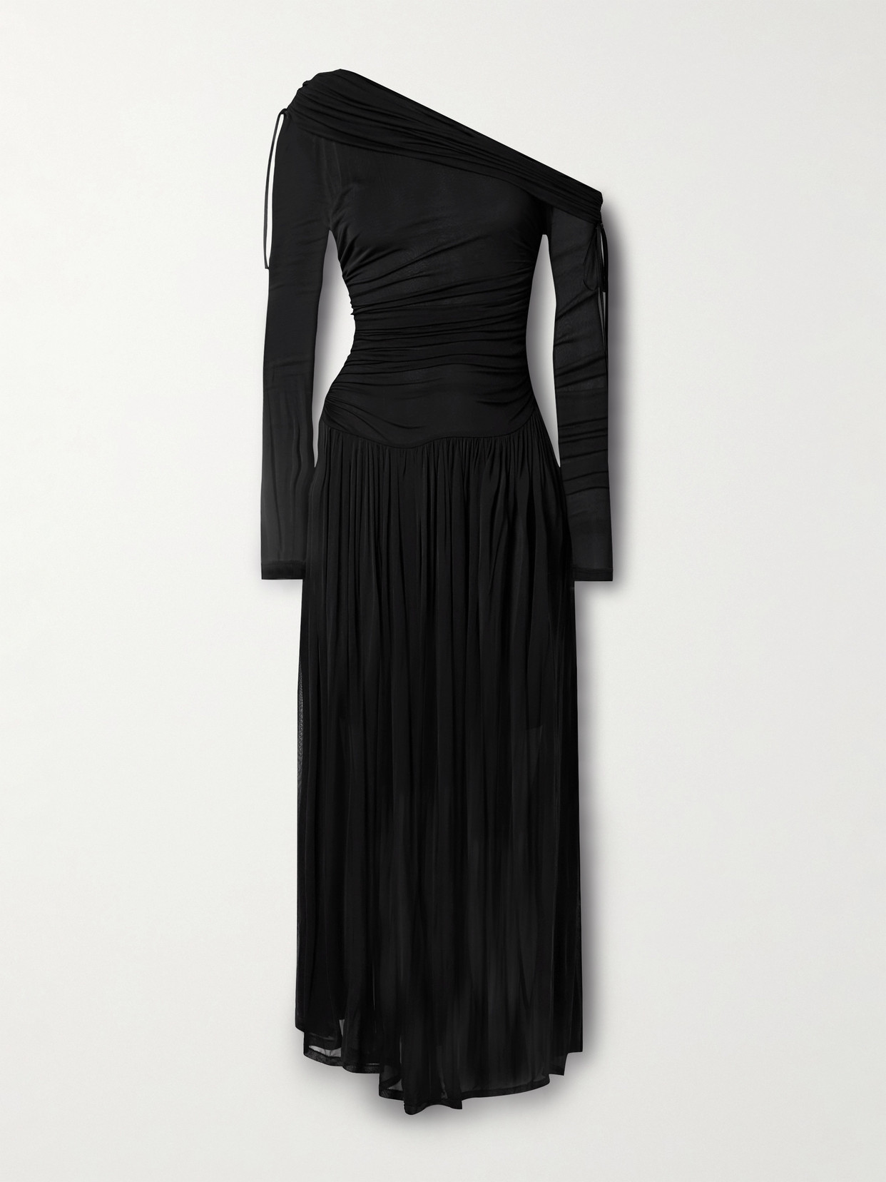 Zimmermann Crush Off-the-shoulder Tie-detailed Gathered Stretch-mesh Maxi Dress In Black