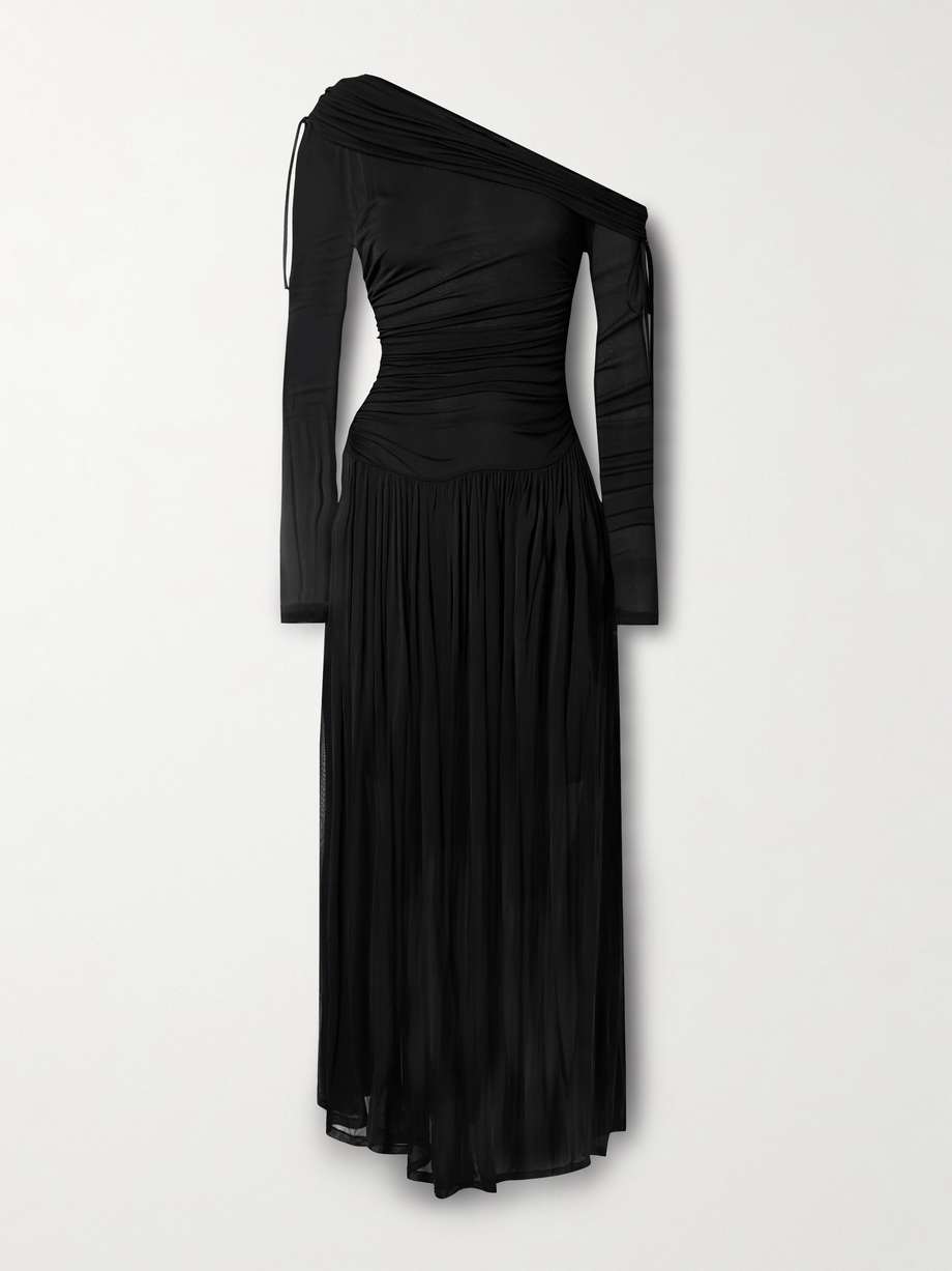 crush off-the-shoulder tie-detailed gathered stretch-mesh maxi dress