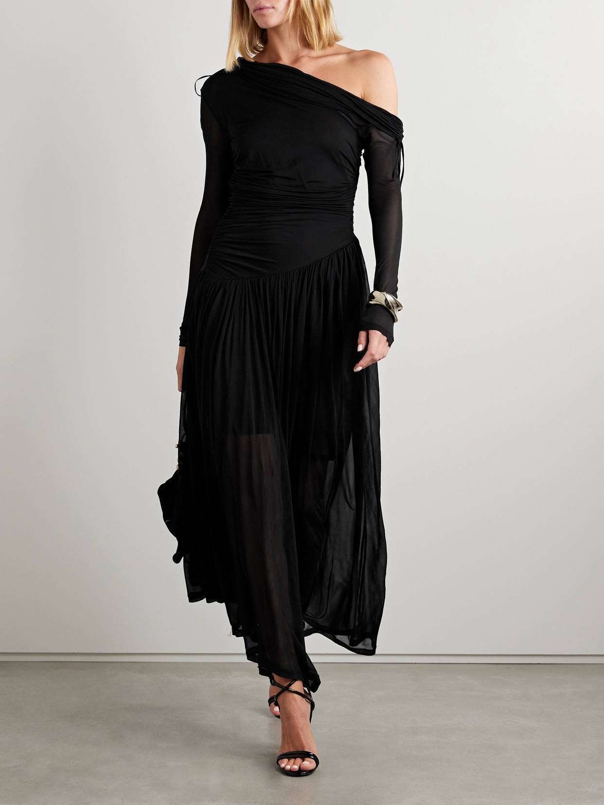 Zimmermann Crush Off-the-shoulder Tie-detailed Gathered Stretch-mesh Maxi Dress In Black