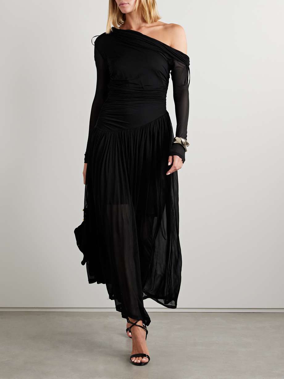 crush off-the-shoulder tie-detailed gathered stretch-mesh maxi dress