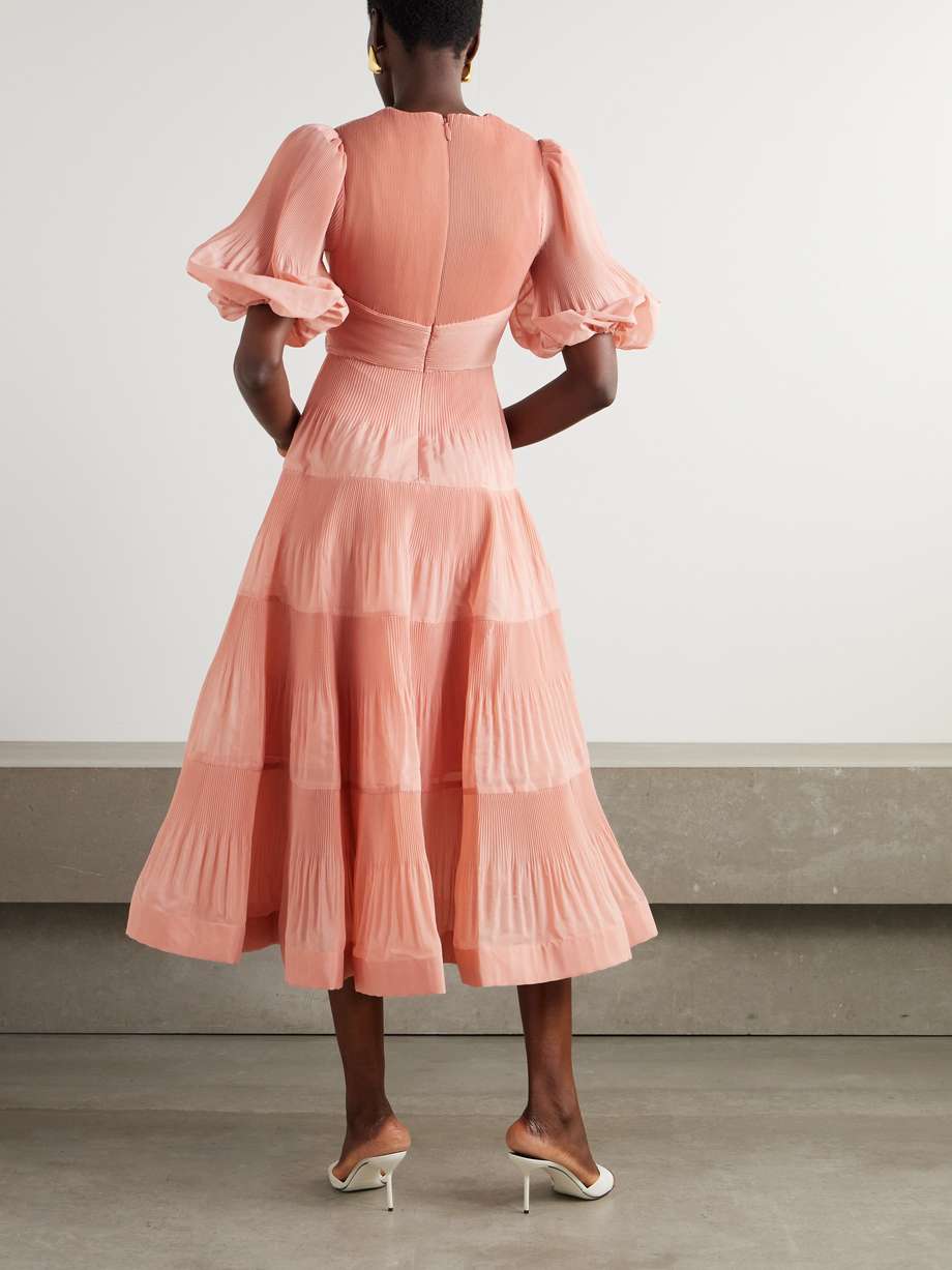 tiered plissé-taffeta midi dress