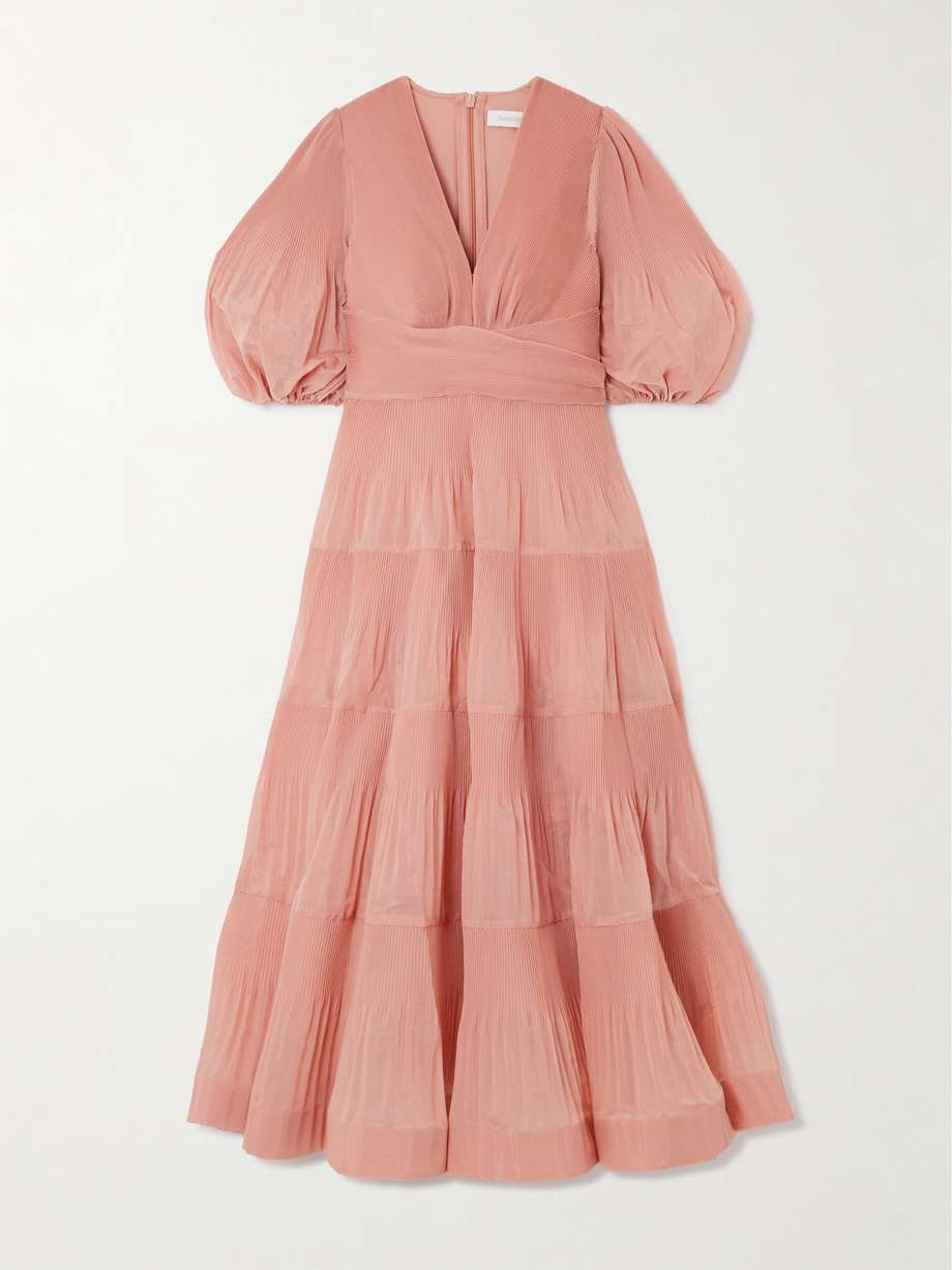 tiered plissé-taffeta midi dress