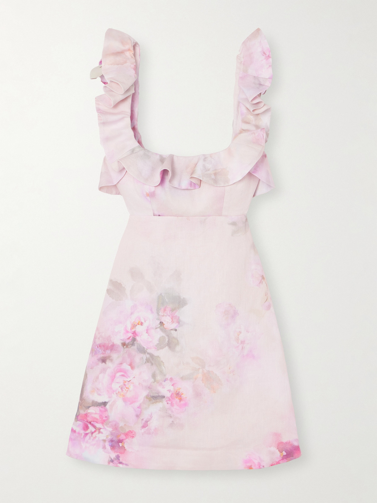 Shop Zimmermann Crush Frill Cutout Ruffled Floral-print Linen Mini Dress In Pink