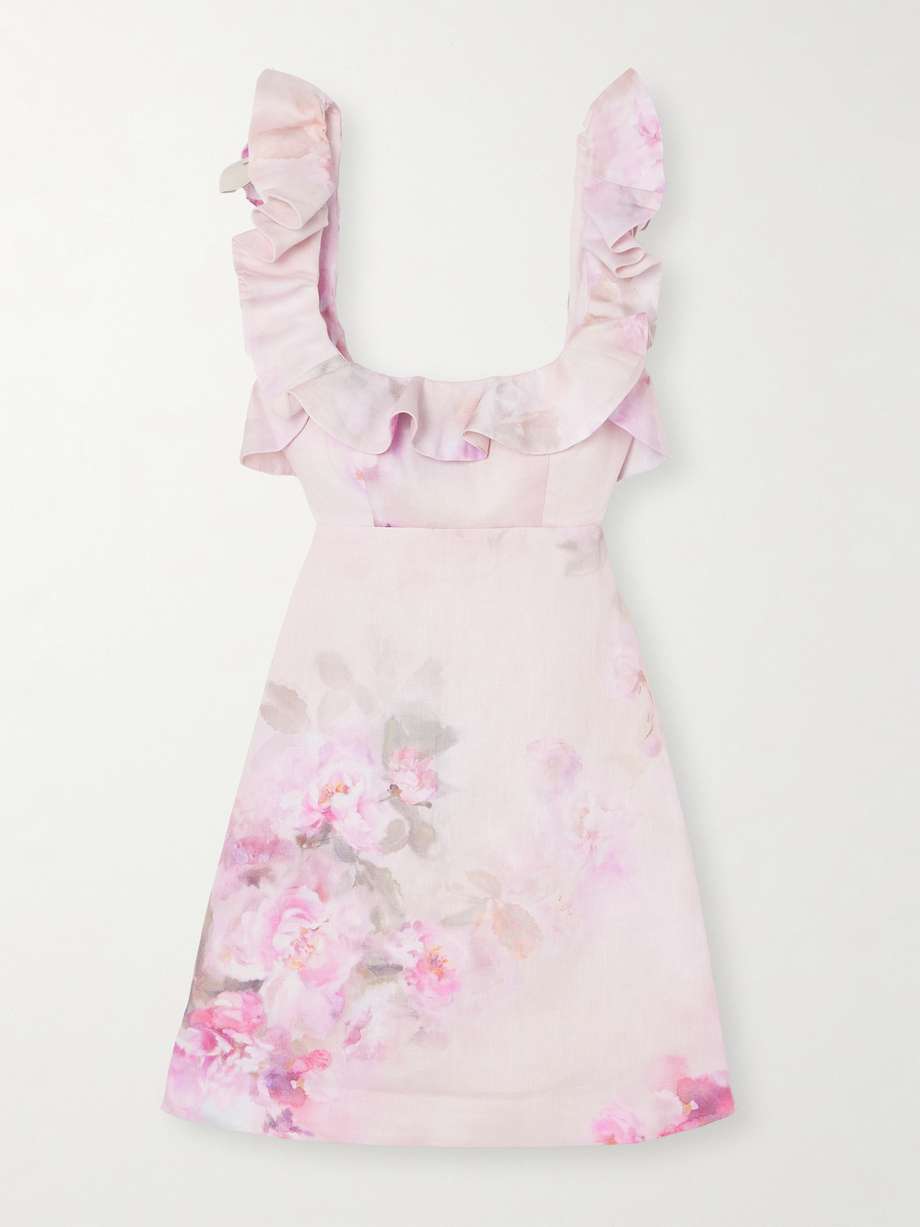 crush frill cutout ruffled floral-print linen mini dress