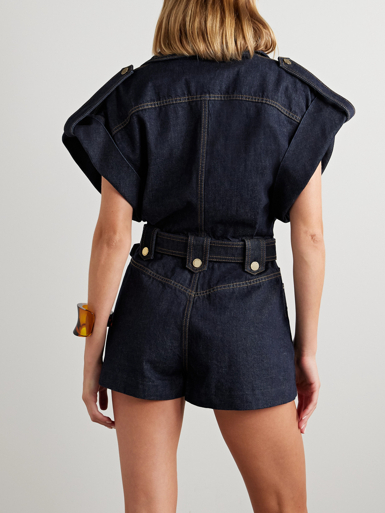 Zimmermann Crush Belted Denim Playsuit In Blue