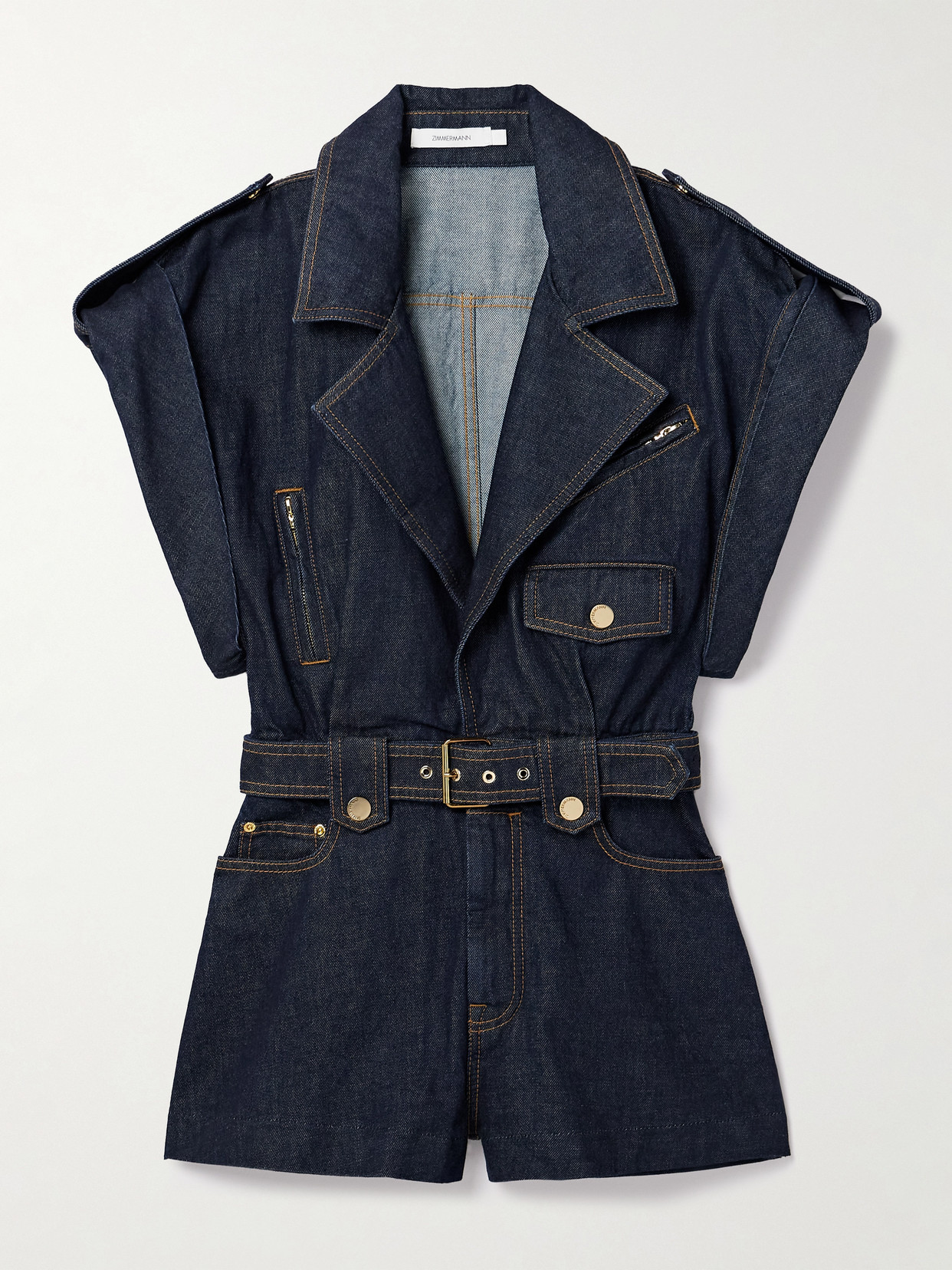 Zimmermann Crush Belted Denim Playsuit In Blue