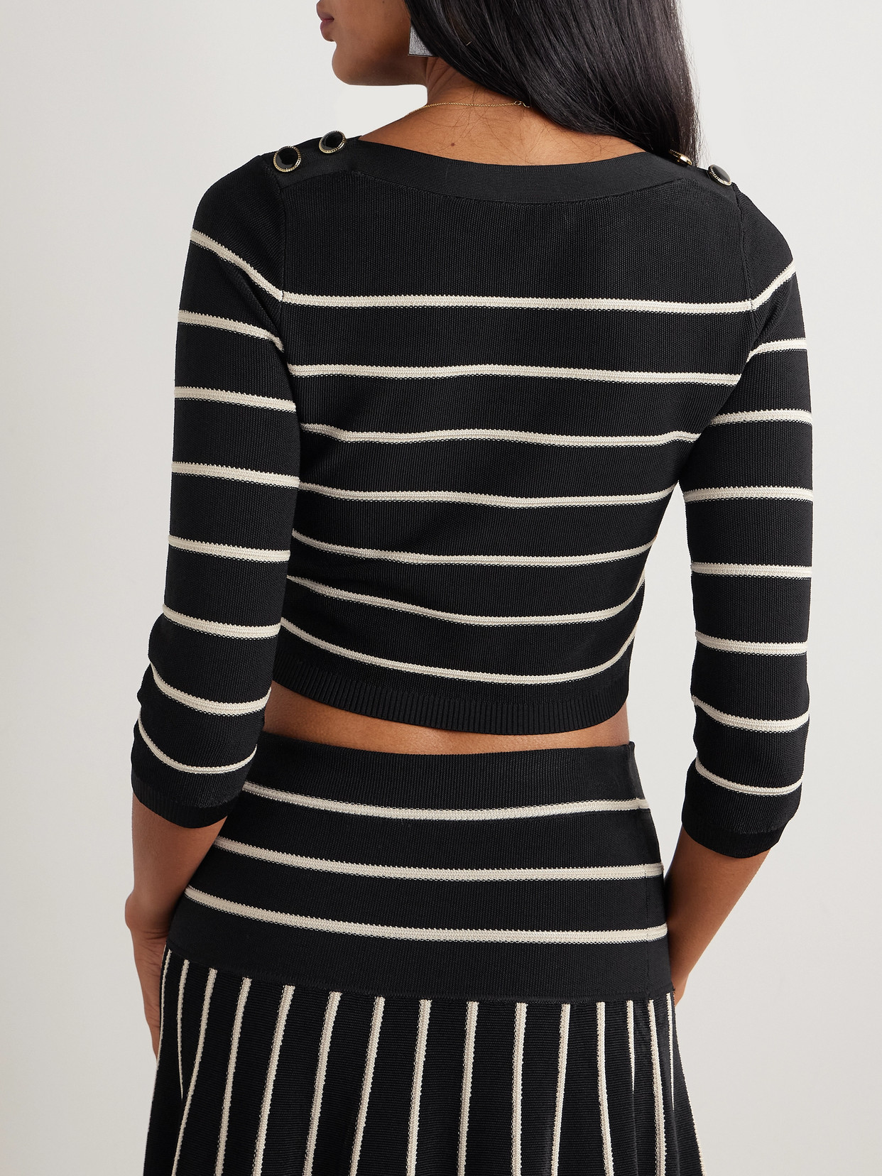 Crush Cropped Button-Embellished Striped Sweater