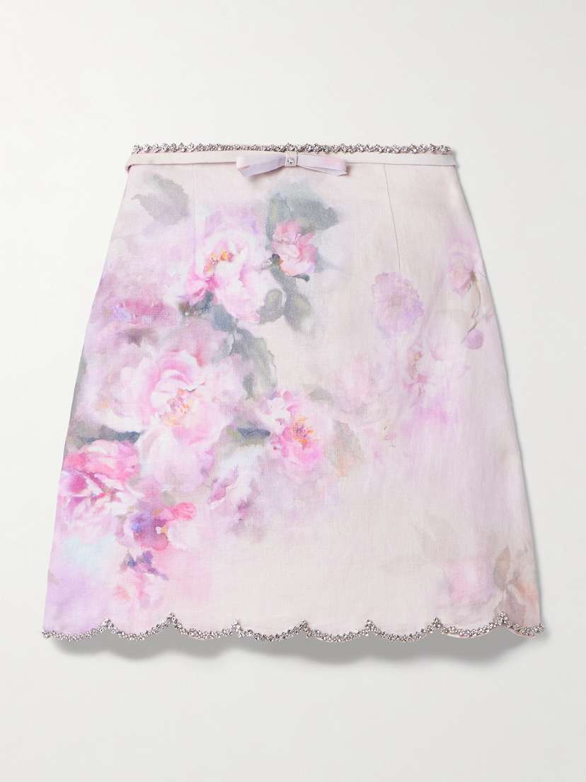 Zimmermann Crush Crystal-embellished Floral-print Linen Mini Skirt