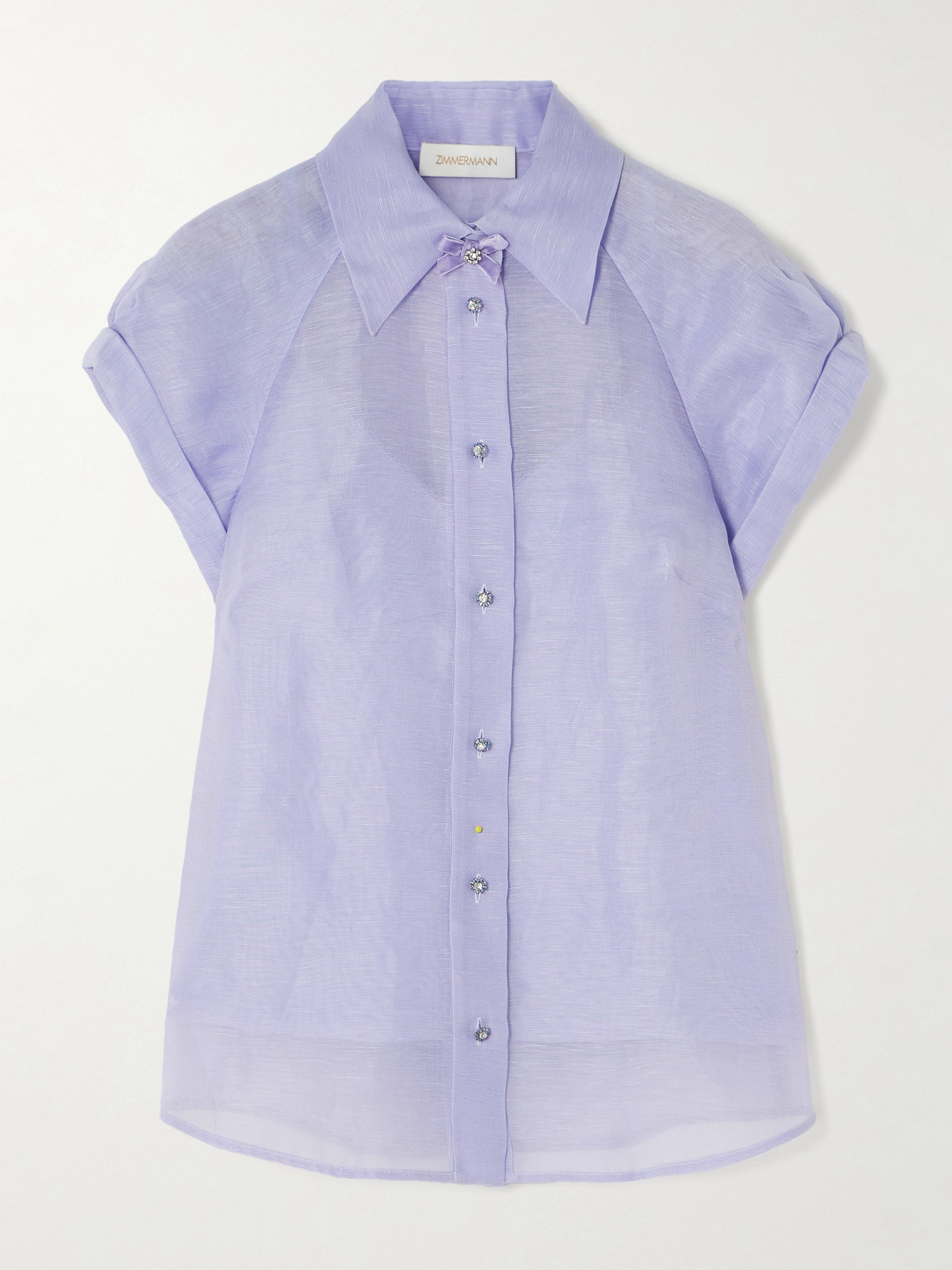 Zimmermann Crush Pussy-bow Crystal-embellished Linen And Silk-blend Organza Shirt In Purple