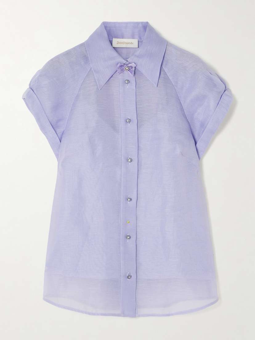 Zimmermann Crush Pussy-bow Crystal-embellished Linen And Silk-blend Organza Shirt