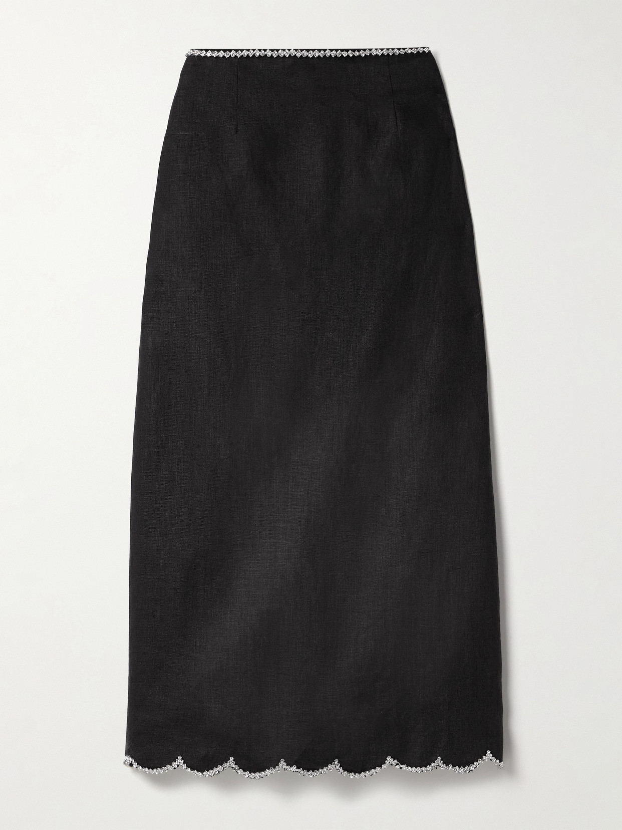 Zimmermann Crush Crystal-embellished Scalloped Linen Midi Skirt In Black
