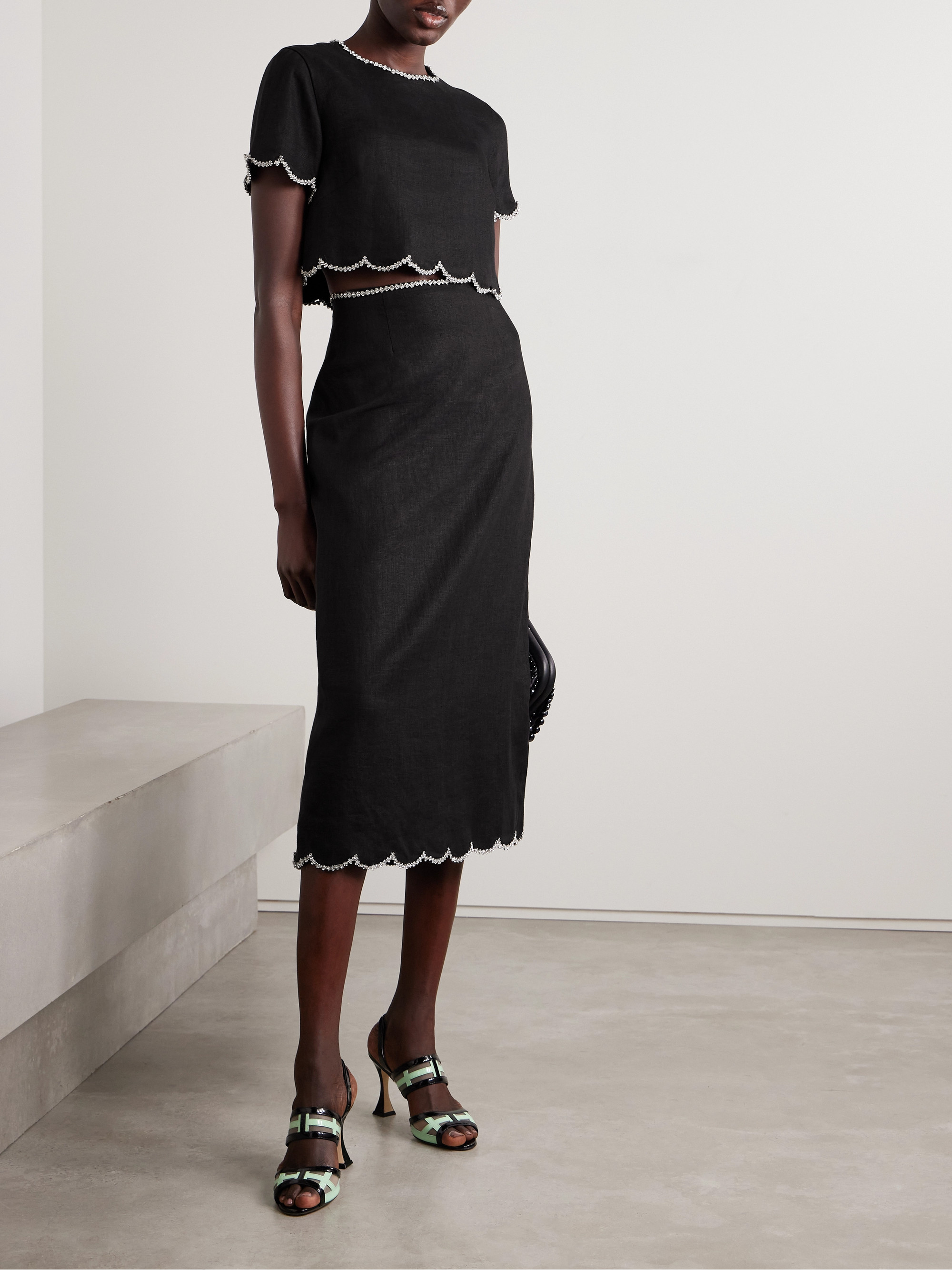 Zimmermann - Crush crystal-embellished scalloped linen midi skirt | Plush