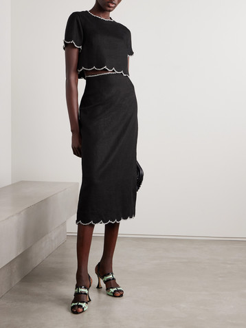 Zimmermann Crush crystal-embellished scalloped linen midi skirt
