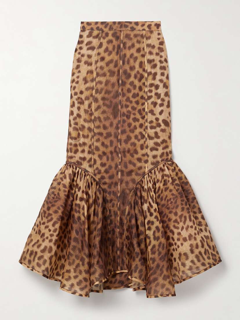 Zimmermann Crush Ruffled Paneled Leopard-print Linen And Silk-blend Organza Maxi Skirt