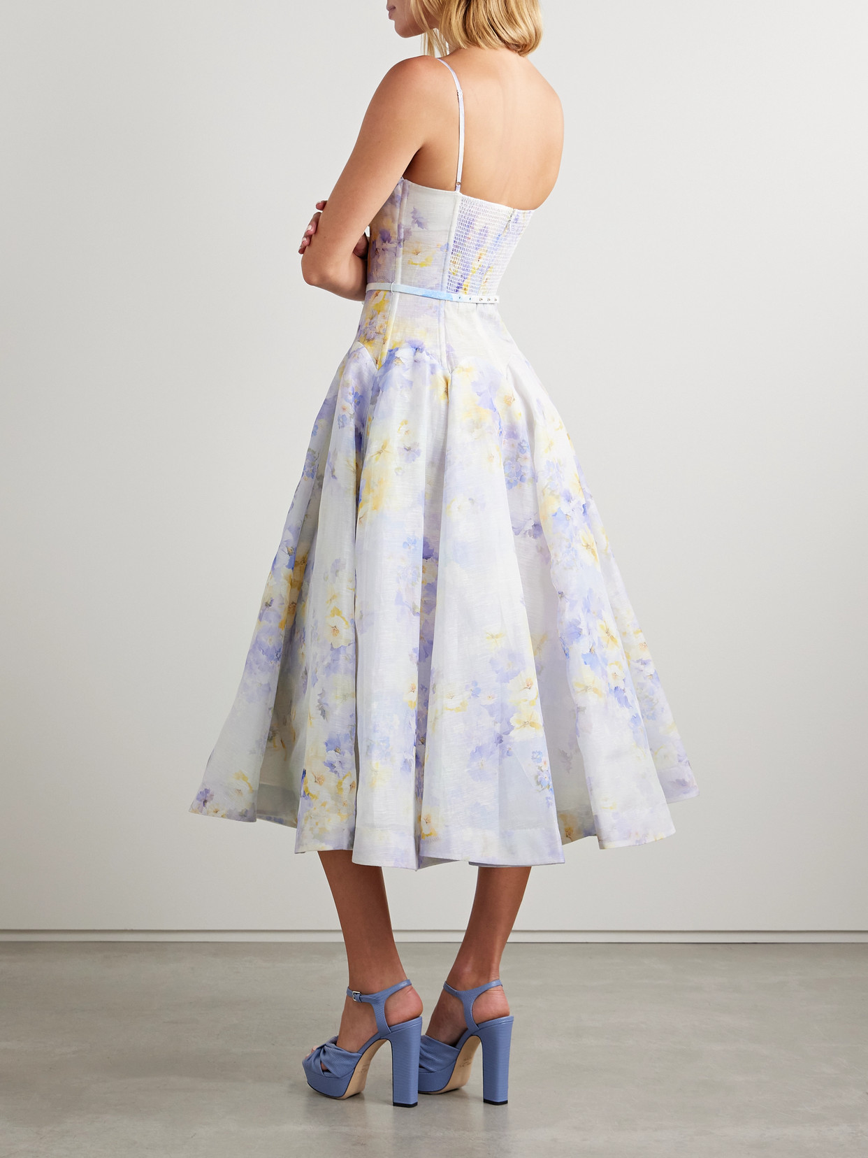 Shop Zimmermann Crush Belted Twist-front Embellished Floral-print Linen And Silk-blend Organza Midi Dress In Purple