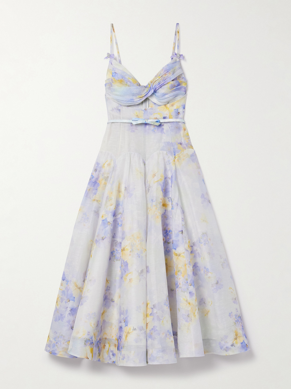 ZIMMERMANN CRUSH BELTED TWIST-FRONT EMBELLISHED FLORAL-PRINT LINEN AND SILK-BLEND ORGANZA MIDI DRESS