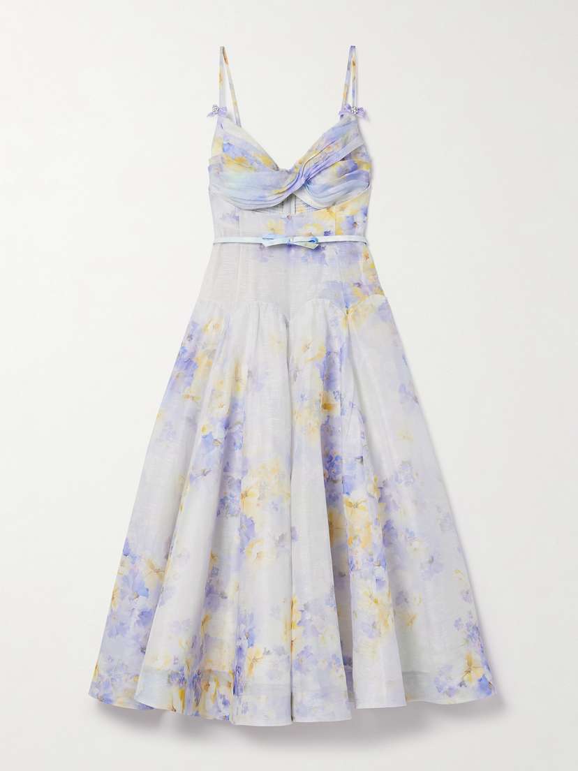 Zimmermann Crush Belted Twist-front Embellished Floral-print Linen And Silk-blend Organza Midi Dress