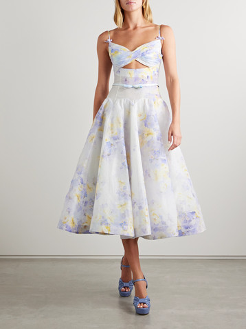 Zimmermann Crush belted twist-front embellished floral-print linen and silk-blend organza midi dress