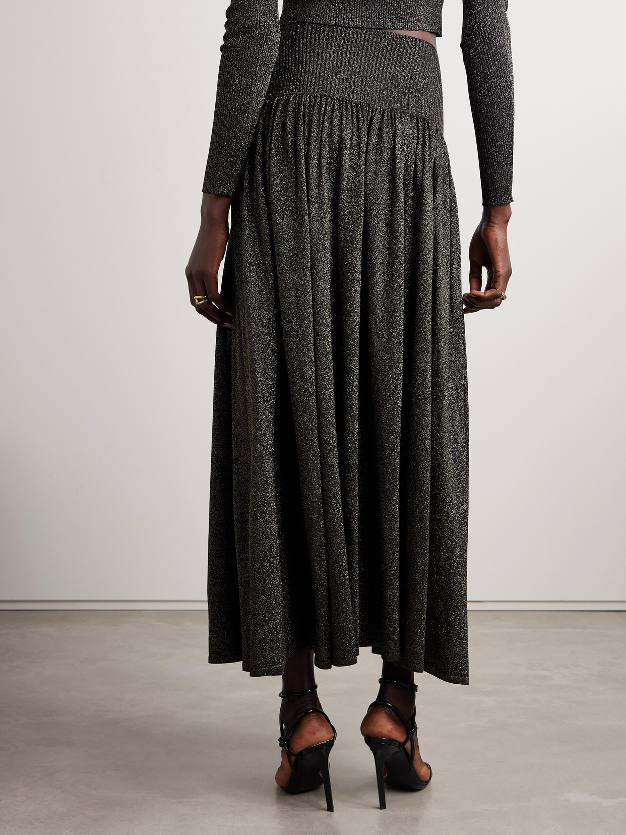 ZIMMERMANN CRUSH GATHERED METALLIC STRETCH-KNIT MIDI SKIRT 