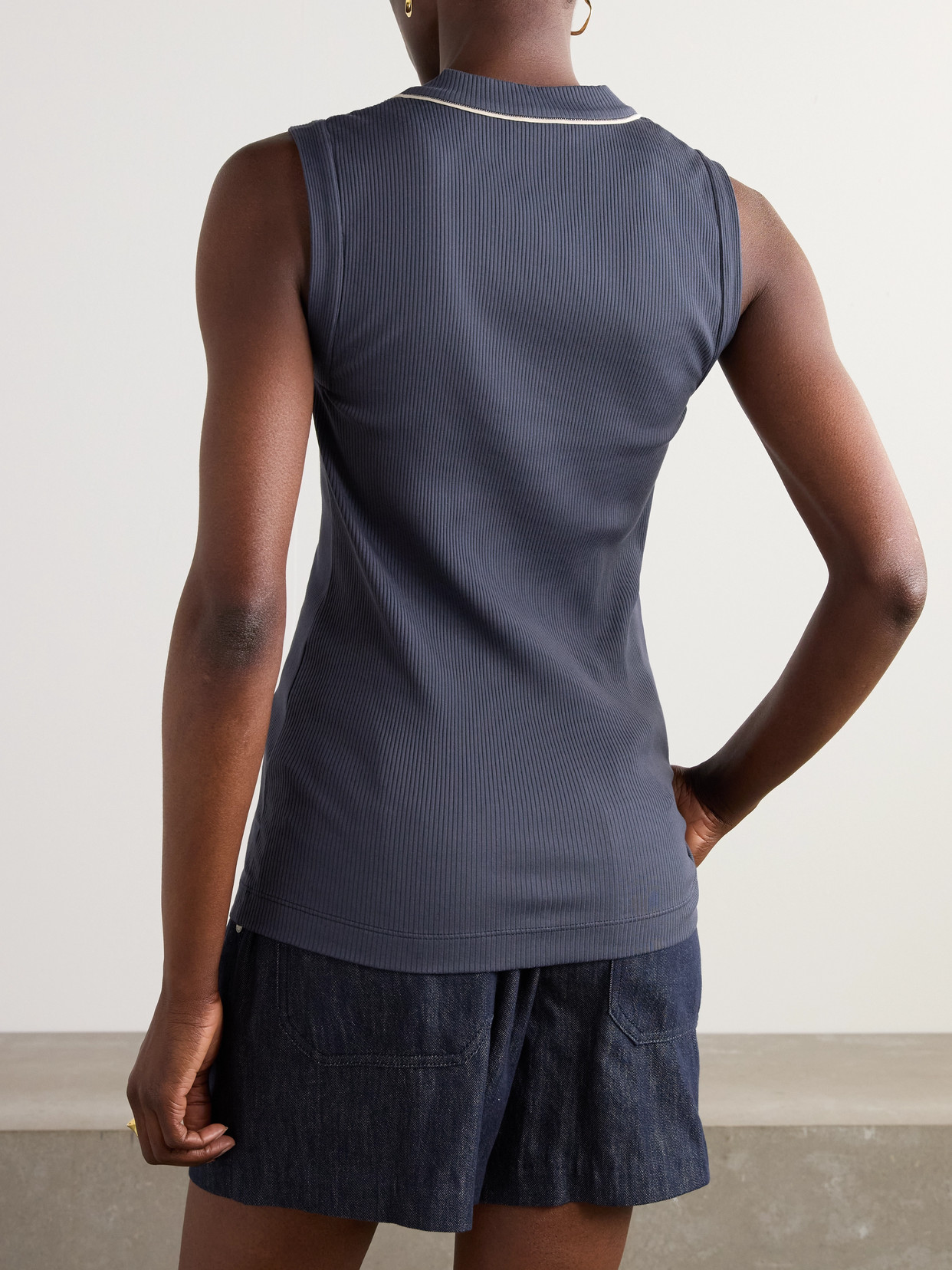 Brunello Cucinelli Bead-embellished Ribbed Cotton-blend Tank In Blue