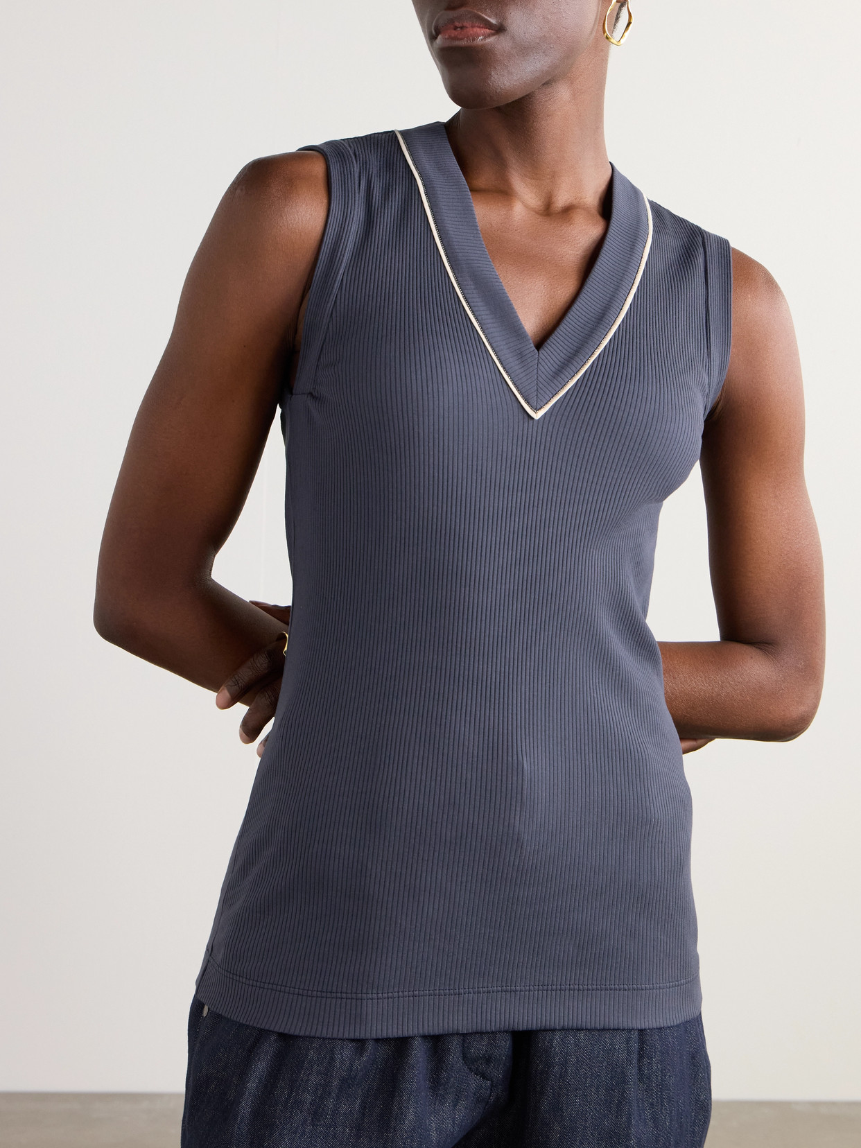 Brunello Cucinelli Bead-embellished Ribbed Cotton-blend Tank In Blue