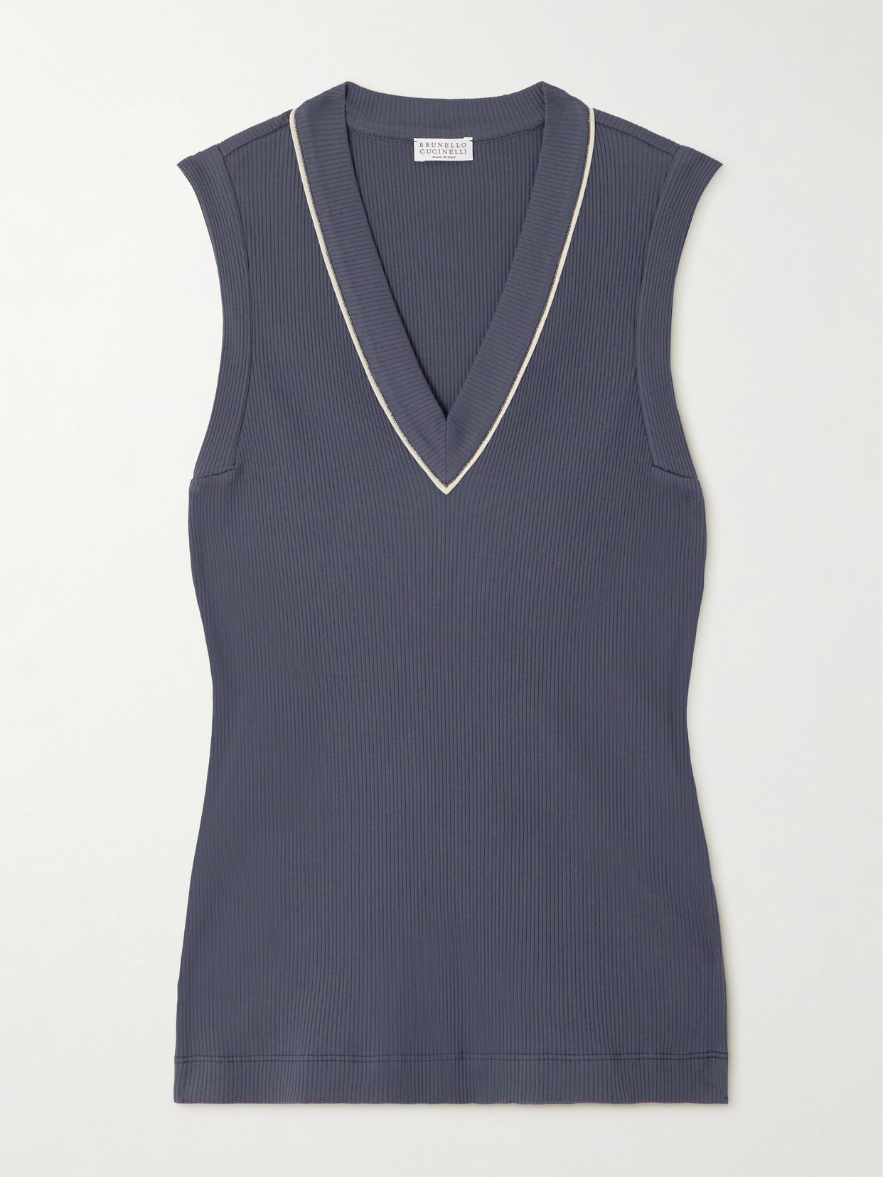 Brunello Cucinelli Bead-embellished Ribbed Cotton-blend Tank In Blue