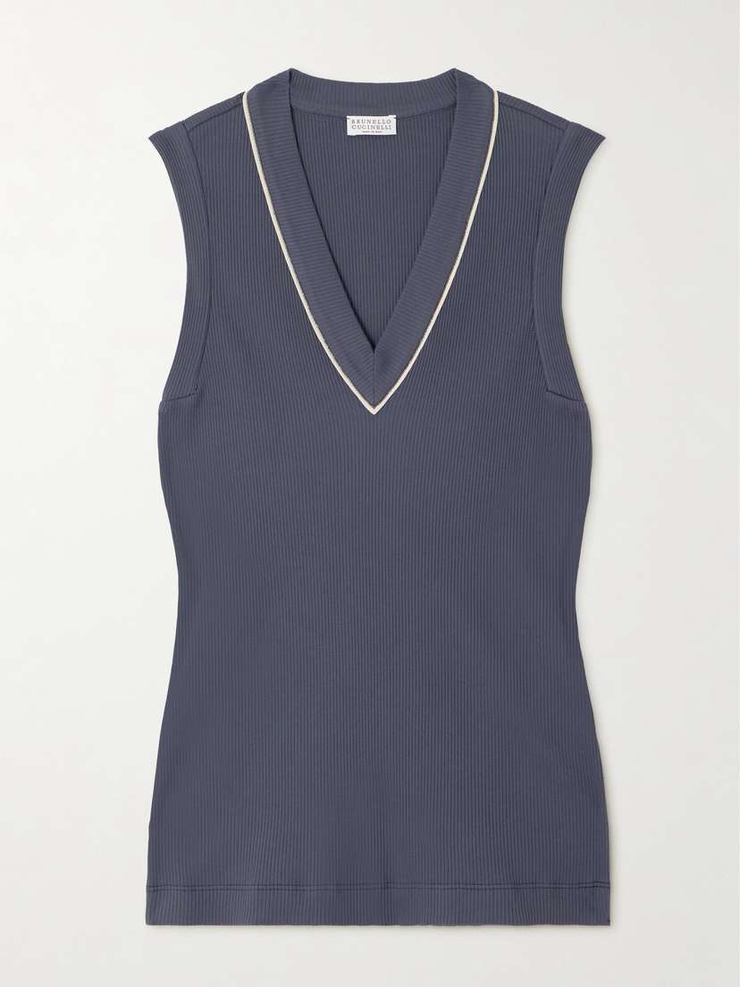 Brunello Cucinelli Bead-embellished Ribbed Cotton-blend Tank